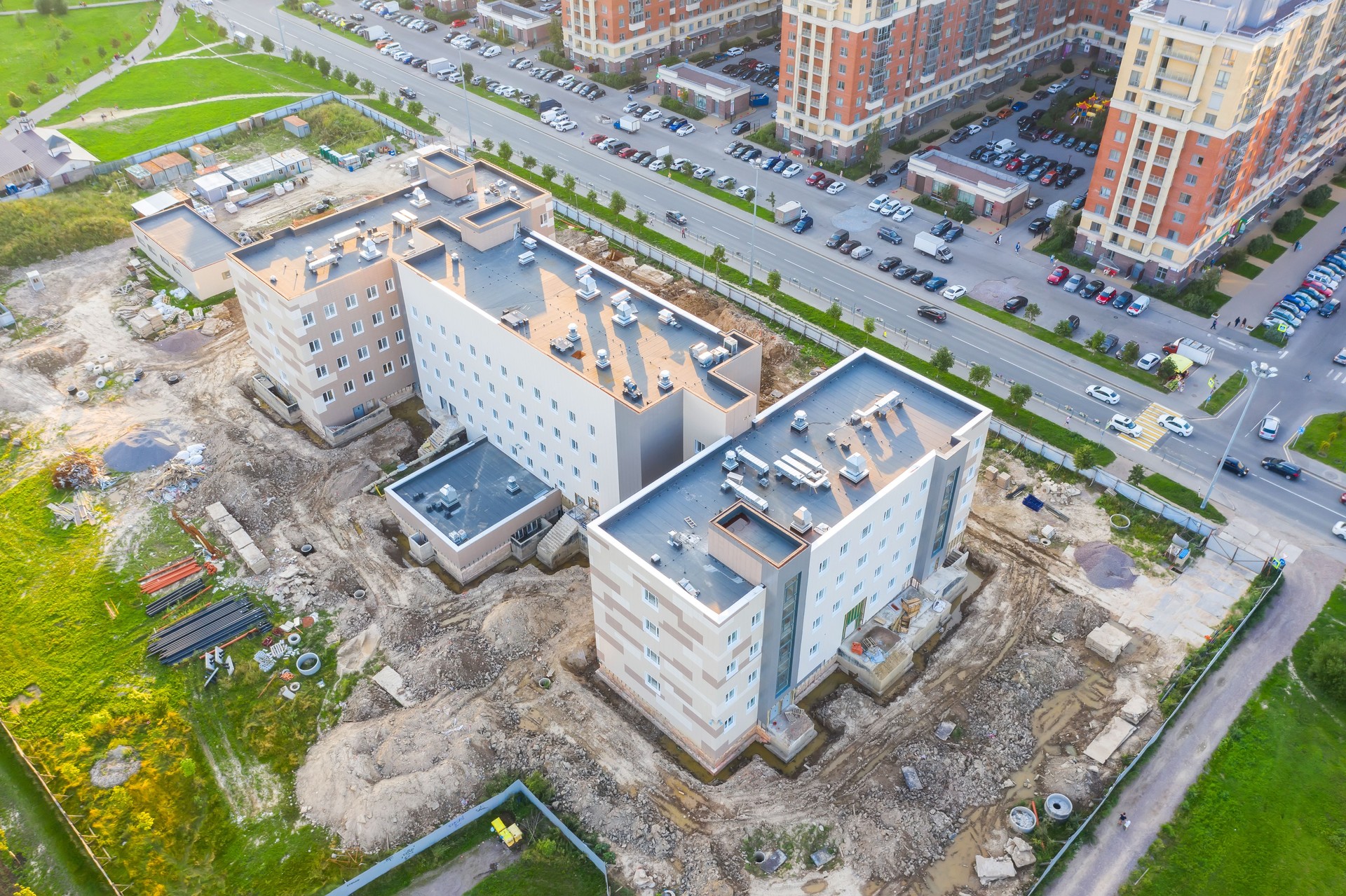 Top view aerial of development buildings, transportation social infrastructure.